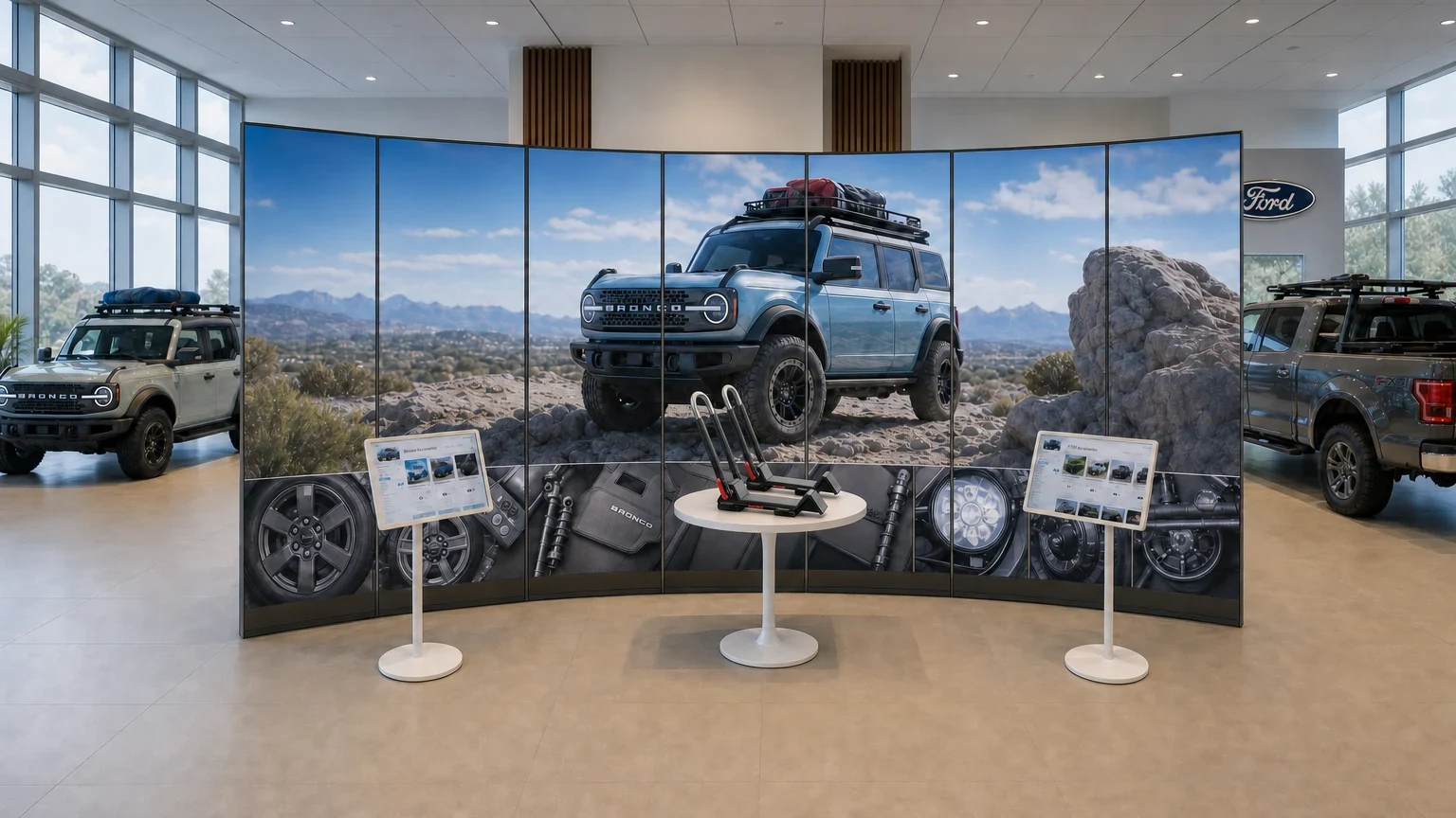 Ford dealership showroom with curved LED wall, Bronco display, 4K kiosks and AR accessory table