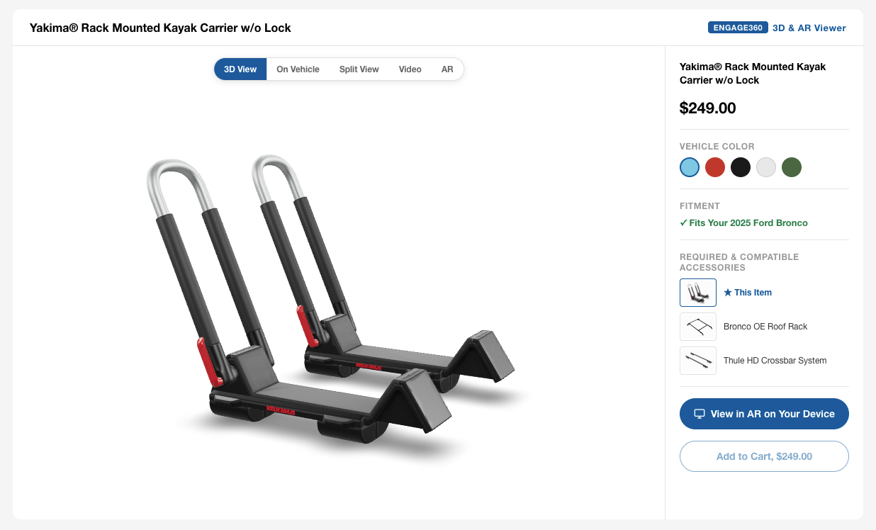 FordEngage ENGAGE360 product viewer showing Yakima Rack Mounted Kayak Carrier in 3D view